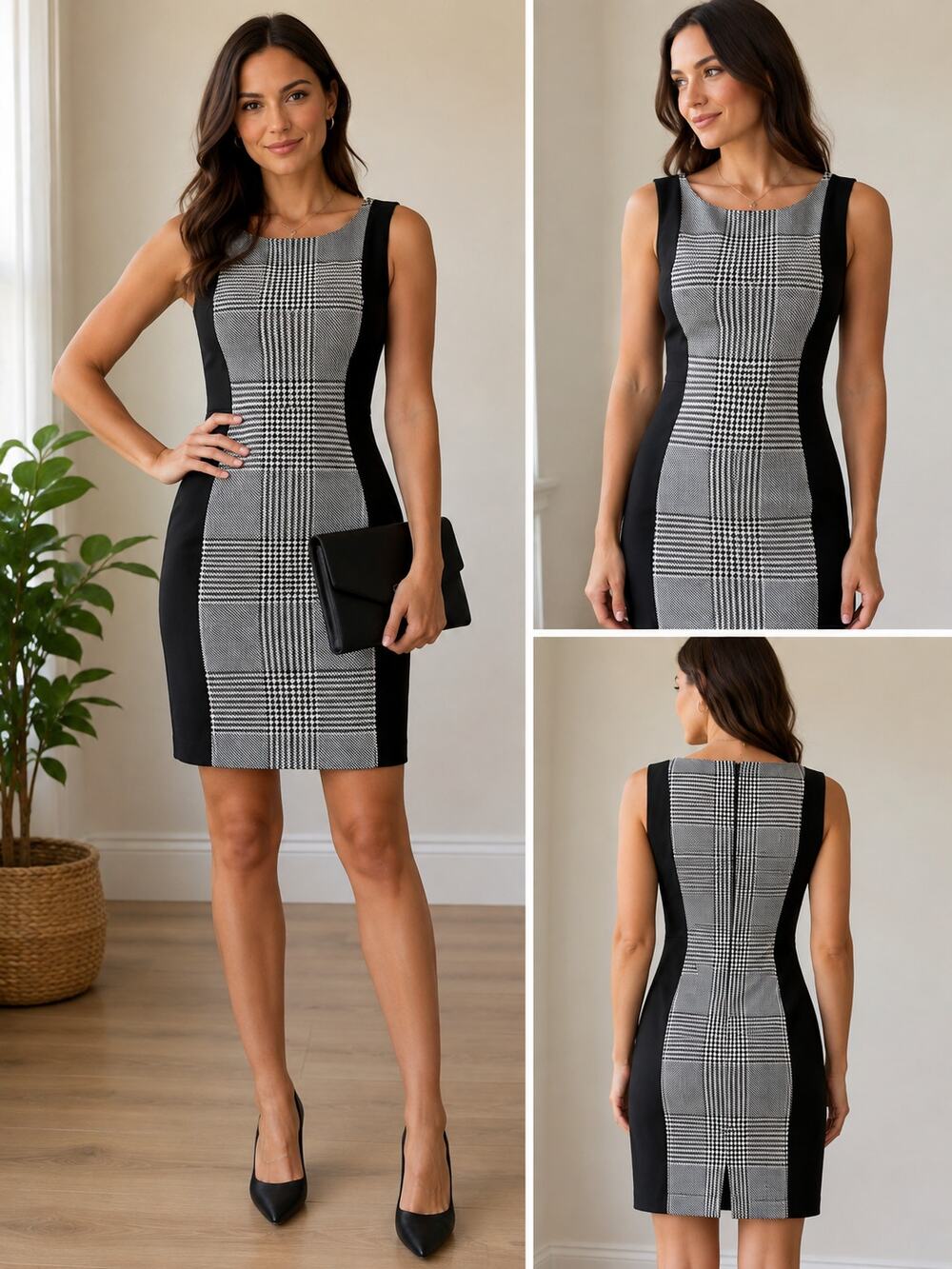 H&M Black White Plaid Color Block Sheath Dress Sleeveless Size 10